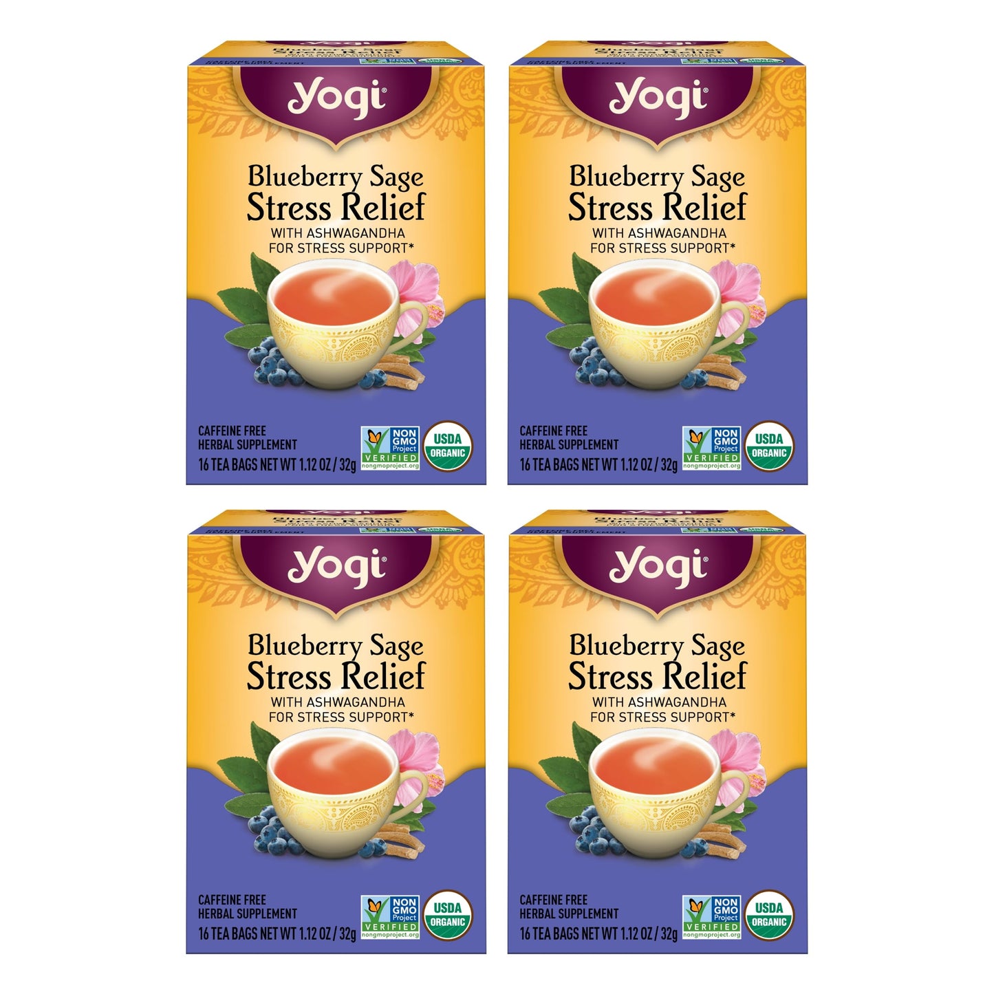 Yogi Tea Blueberry Sage - Stress Relief Tea Bags, 16 Count (Pack of 4) - Calming Herbal Blend with Ashwagandha, Hibiscus & More