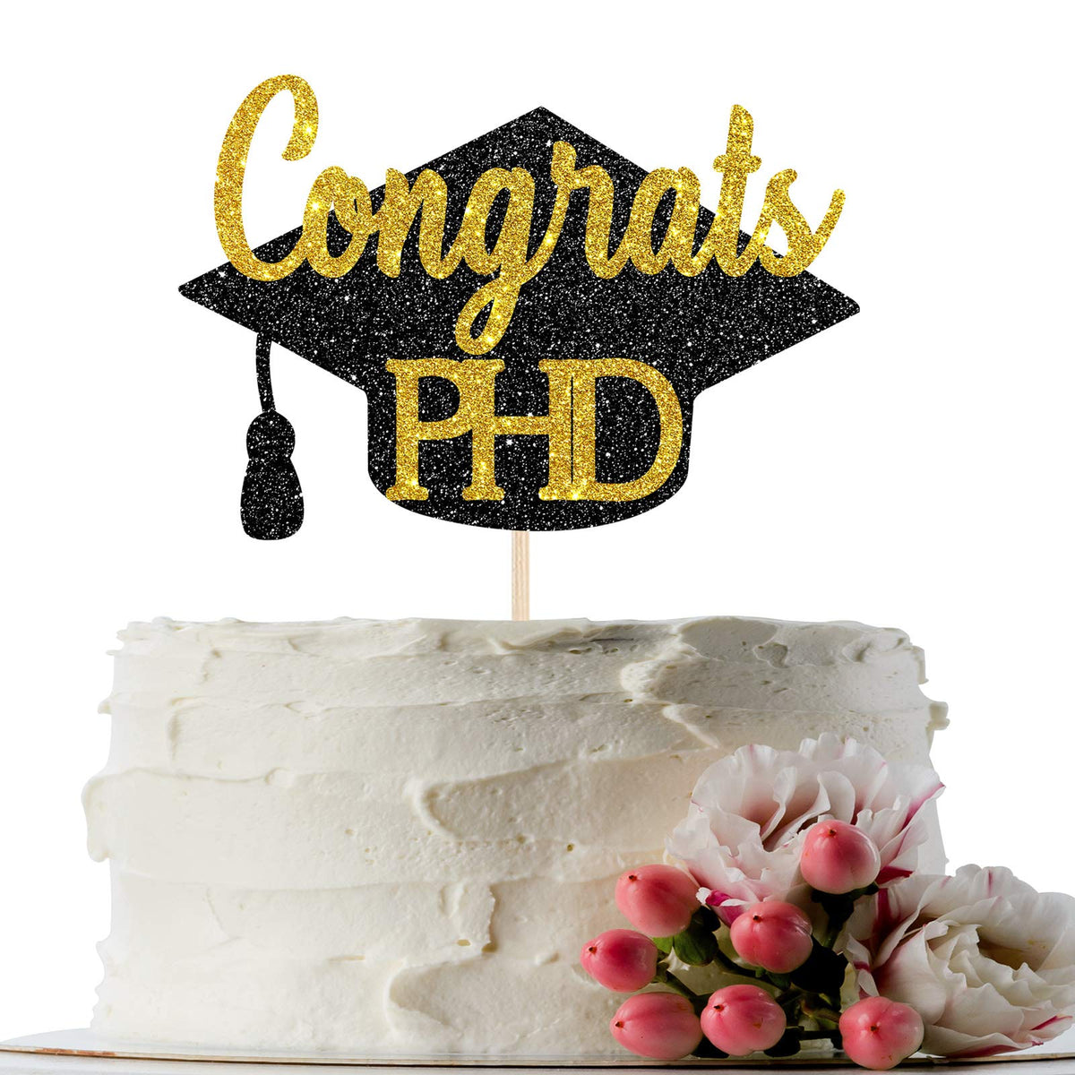 Innoru Glitter Congrats Phd Cake Topper - Congrats Grad - Phd Graduation Party Decorations Black Gold