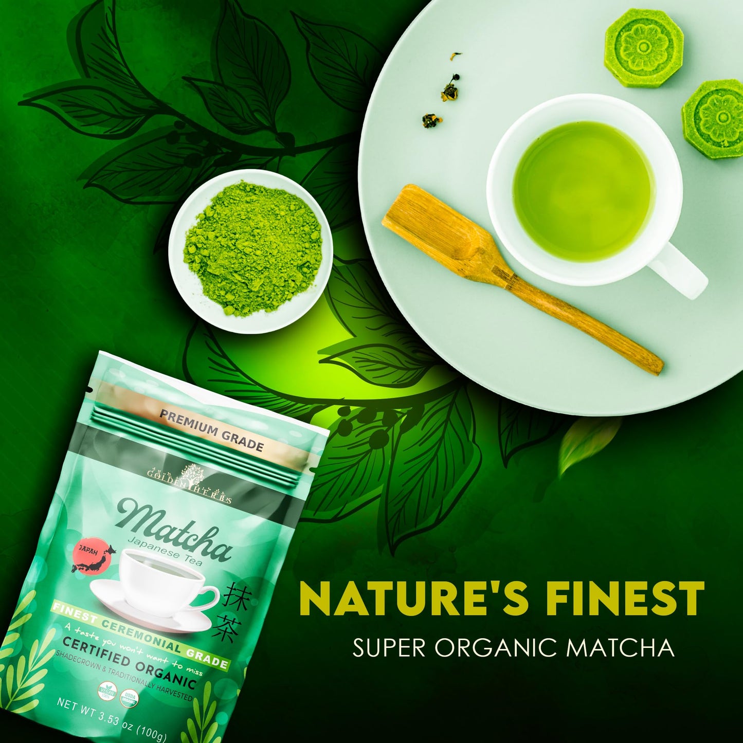 GOLDEN HERBS Matcha Green Tea Powder, USDA Organic, Gluten-Free, 100% Pure, 120 Grams, Resealable Pouch