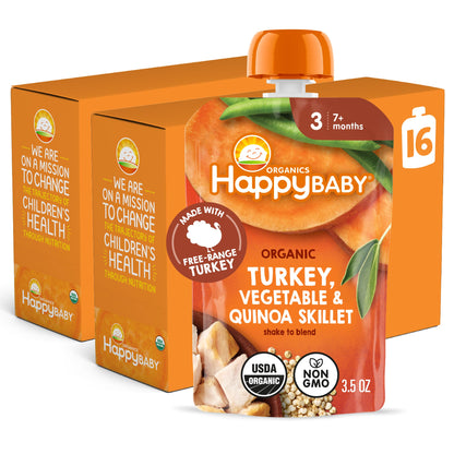 Happy Baby Organics Savory Blends Stage 3 Baby Food Puree, Free Range Turkey, Harvest Vegetables & Quinoa Skillet, 3.5 Ounce (Pa