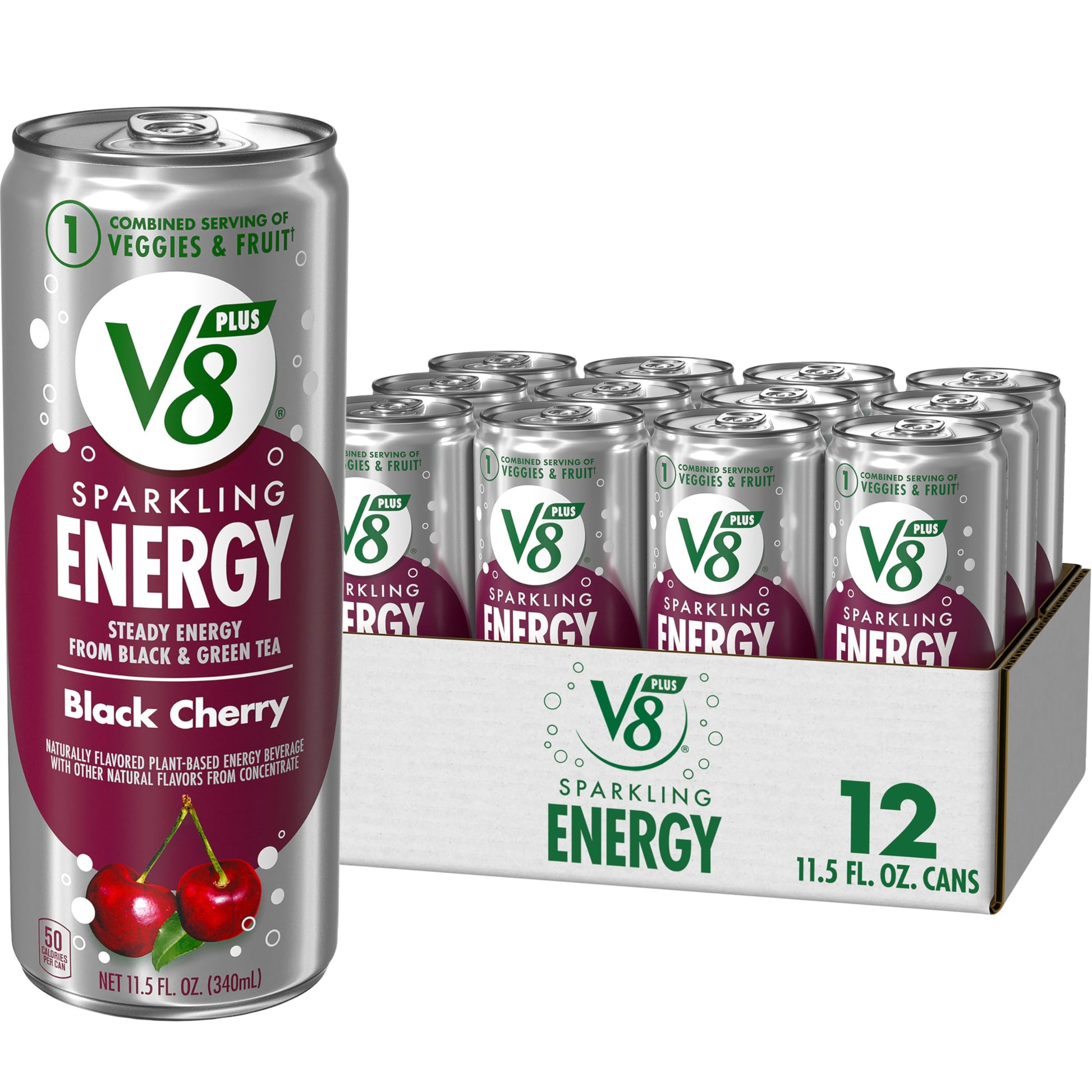 V8 +ENERGY Sparkling Black Cherry Juice Energy Drink, Pack of 12 (11.5 Fl Oz)