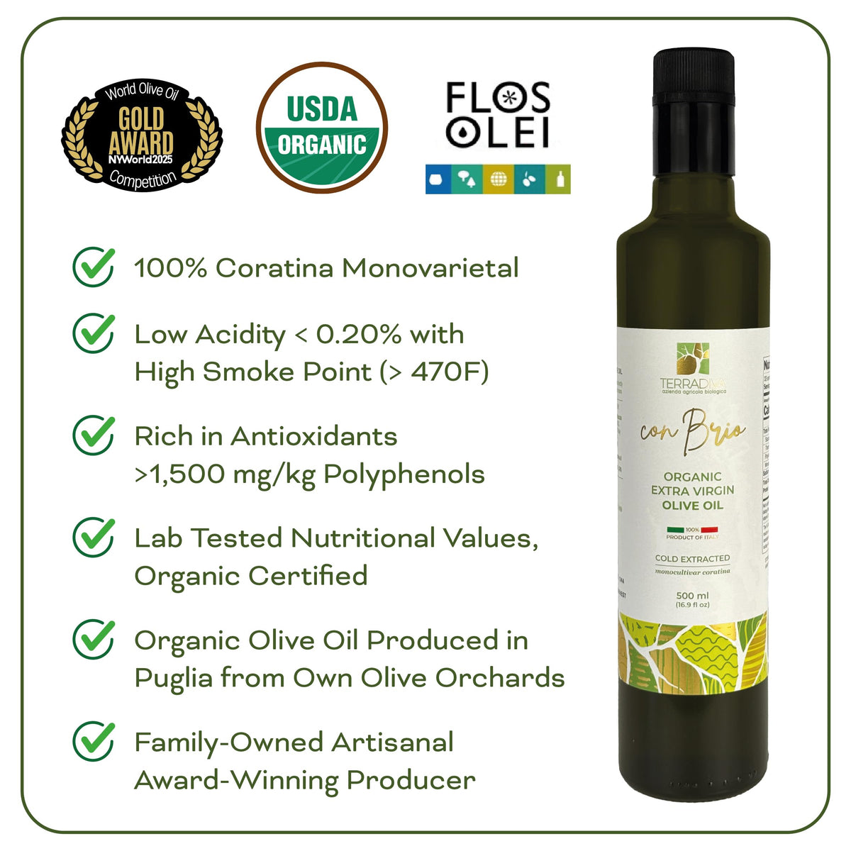 WellEatable Organic Extra Virgin Olive Oil, 16.9 fl oz, High Polyphenol, Early Harvest, Lab Tested, Cold Extracted, Green