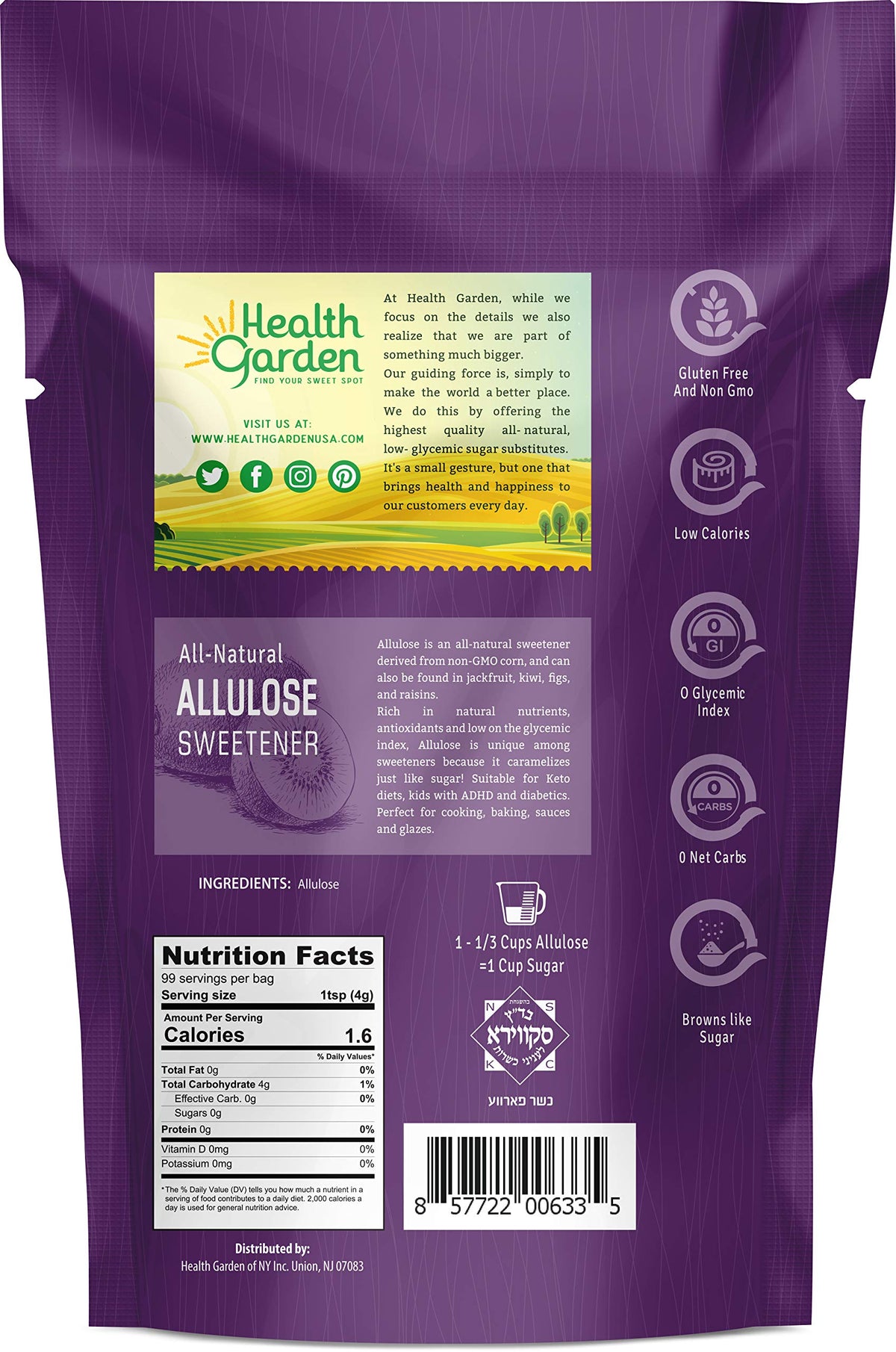 Health Garden Allulose Sweetener - Gluten And Sugar Free - Zero Net Carb - Non Gmo - Kosher - Keto Friendly (14 Oz)