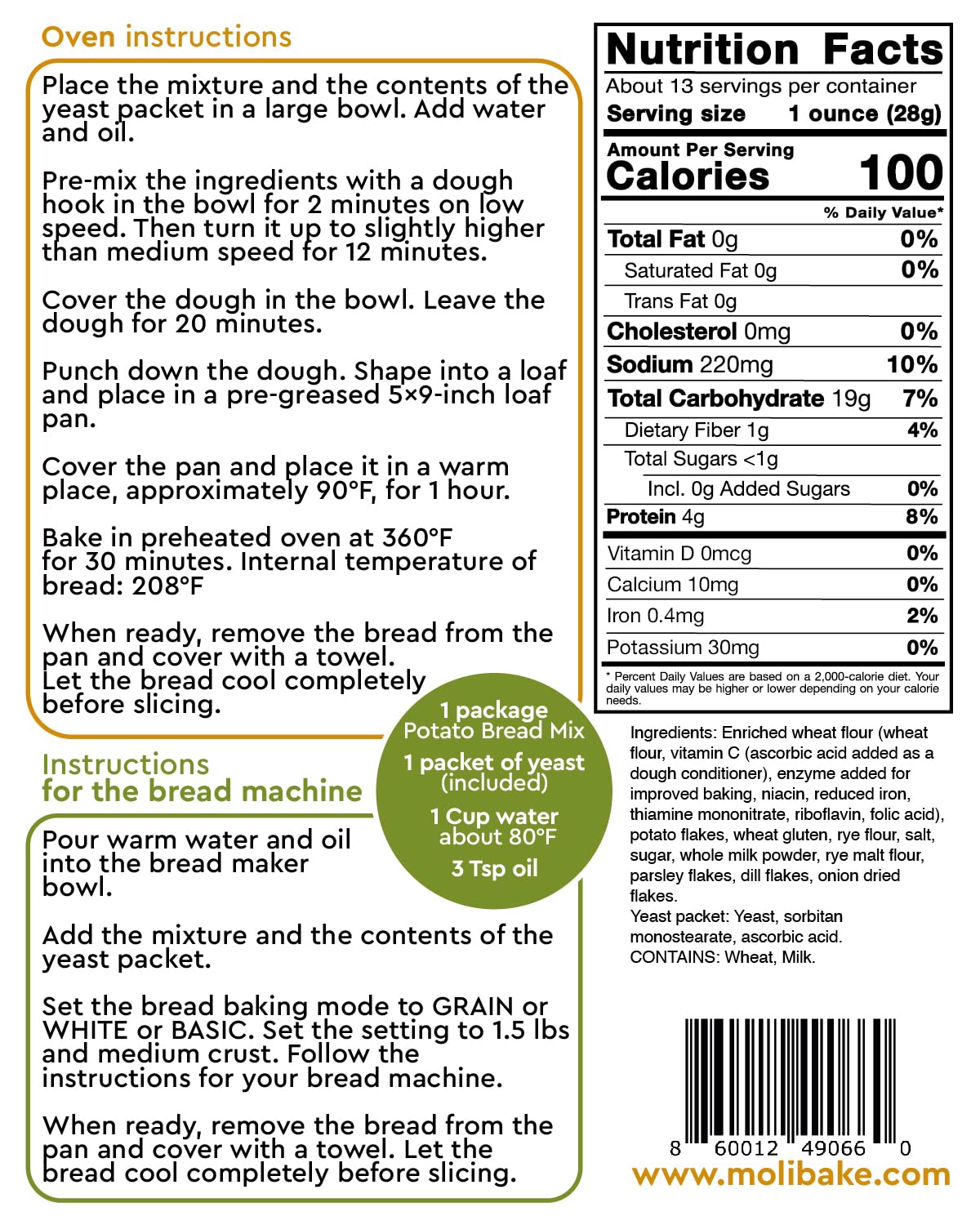 Molibake Potato Bread Mix - All-Natural Baking Mix for Bread Machine - Pack of 2 - 12 oz - Easy to Use