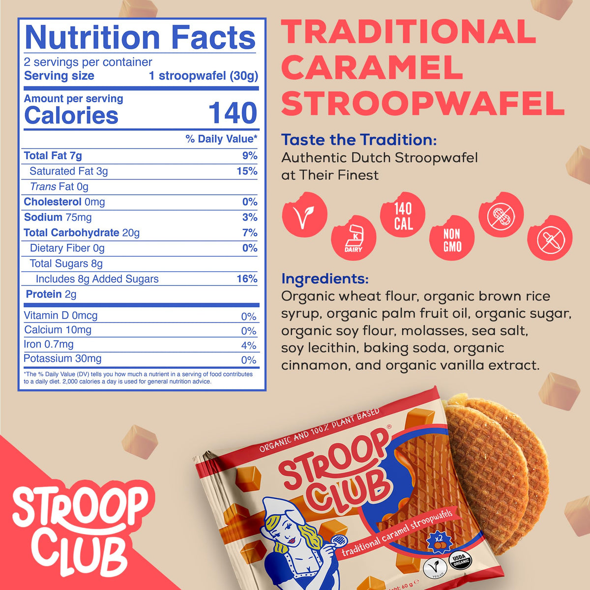 Stroop Club Traditional Organic Stroopwafel Caramel Treats | Vegan, Plant-Based and Dutch-Approved Indulgence - 24 Vegan Waffle
