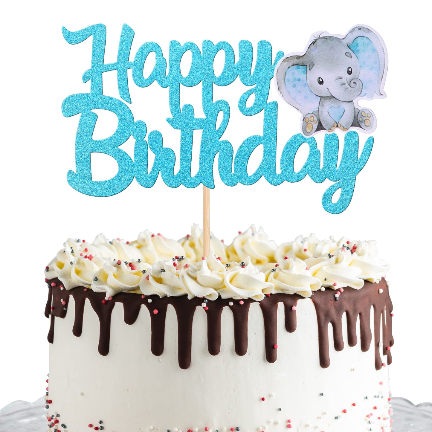 1 Pcs Blue Elephant Happy Birthday Cake Topper Glitter Jungle Animal Elephant Birthday Cake Pick Decorations For Elephant Theme Baby Shower Kids Boys Birthday Party Supplies
