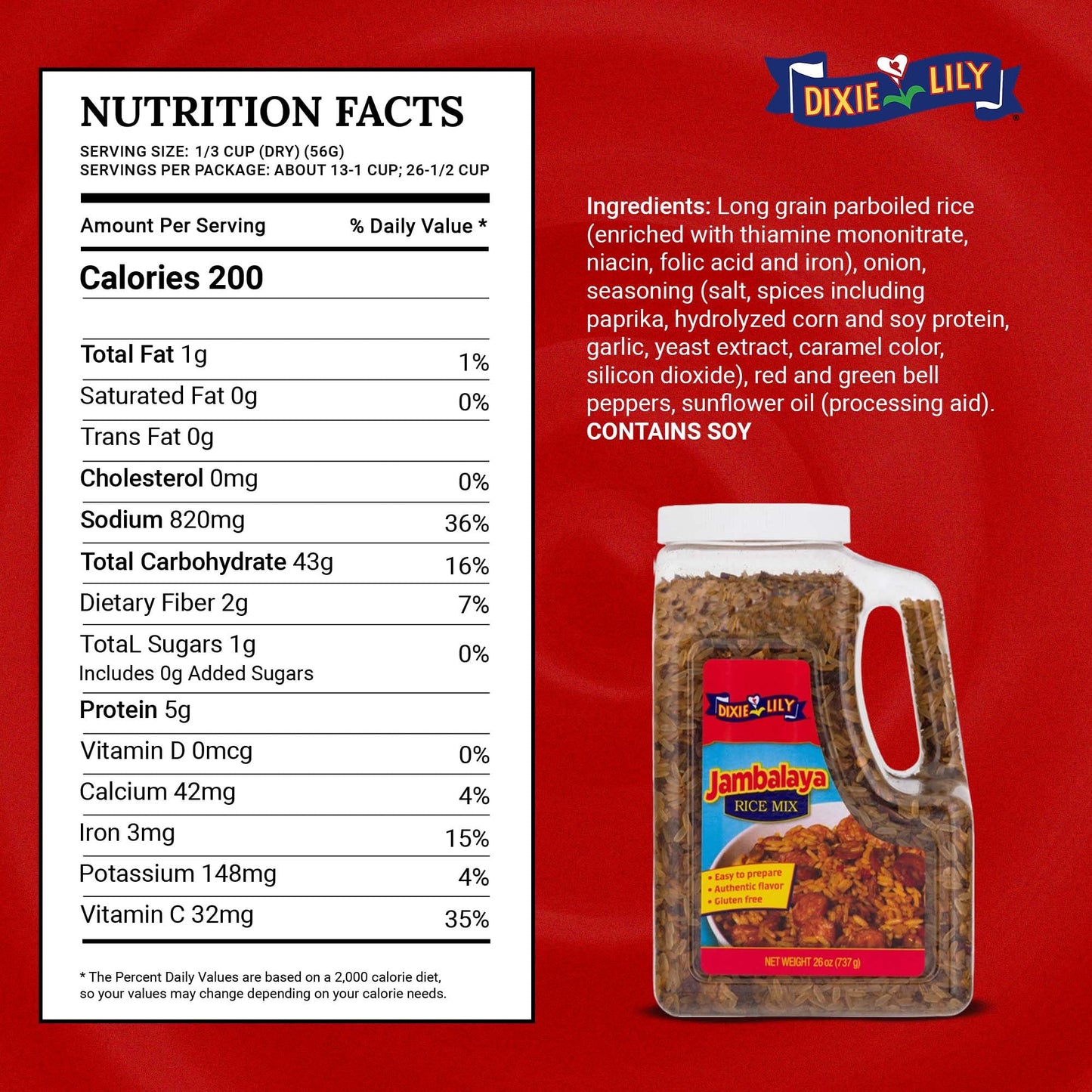 Dixie Lily Jambalaya Rice Mix - 26 oz Jug - Flavorful Rice Seasoning for Authentic Cajun Dishes