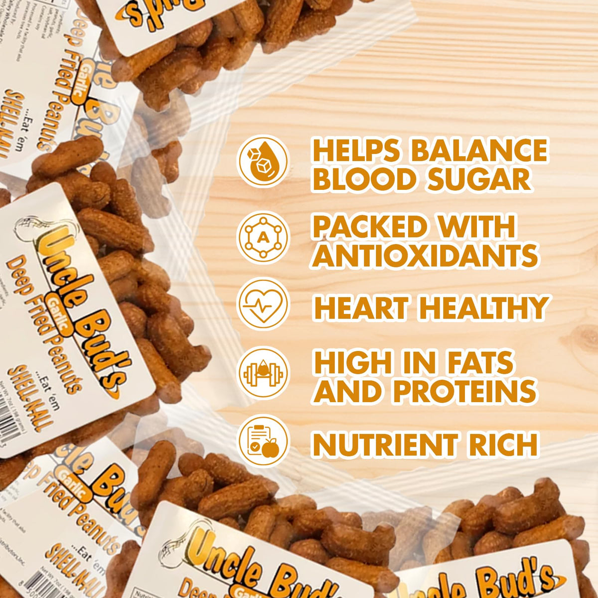 Jerky-n-Spice Uncle Buds Deep Fried Peanuts In Shell 6-Pack - Crunchy Garlic, Hot & Spicy, Organic, Salted Snacks