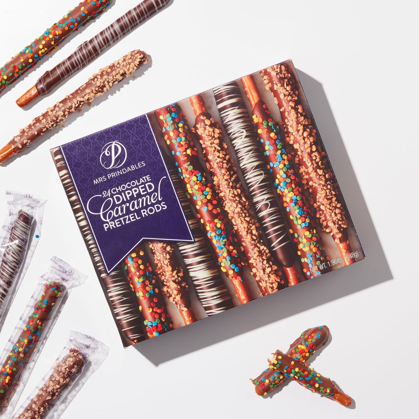 Mrs. Prindable's Chocolate Dipped Caramel Pretzel Rods, 24-Pack, 0.67 Ounce Each, White