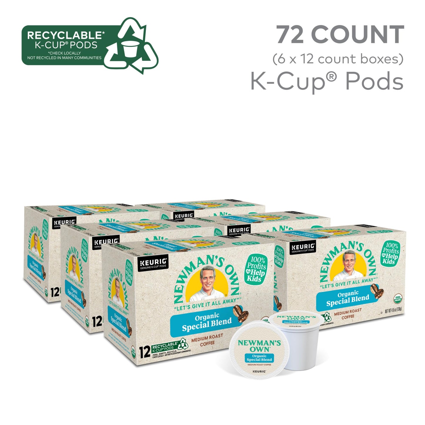 Newmans Own Organics Special Blend Keurig Single-Serve K-Cup Pods, Medium Roast Coffee, 72 Count (6 Packs of 12)