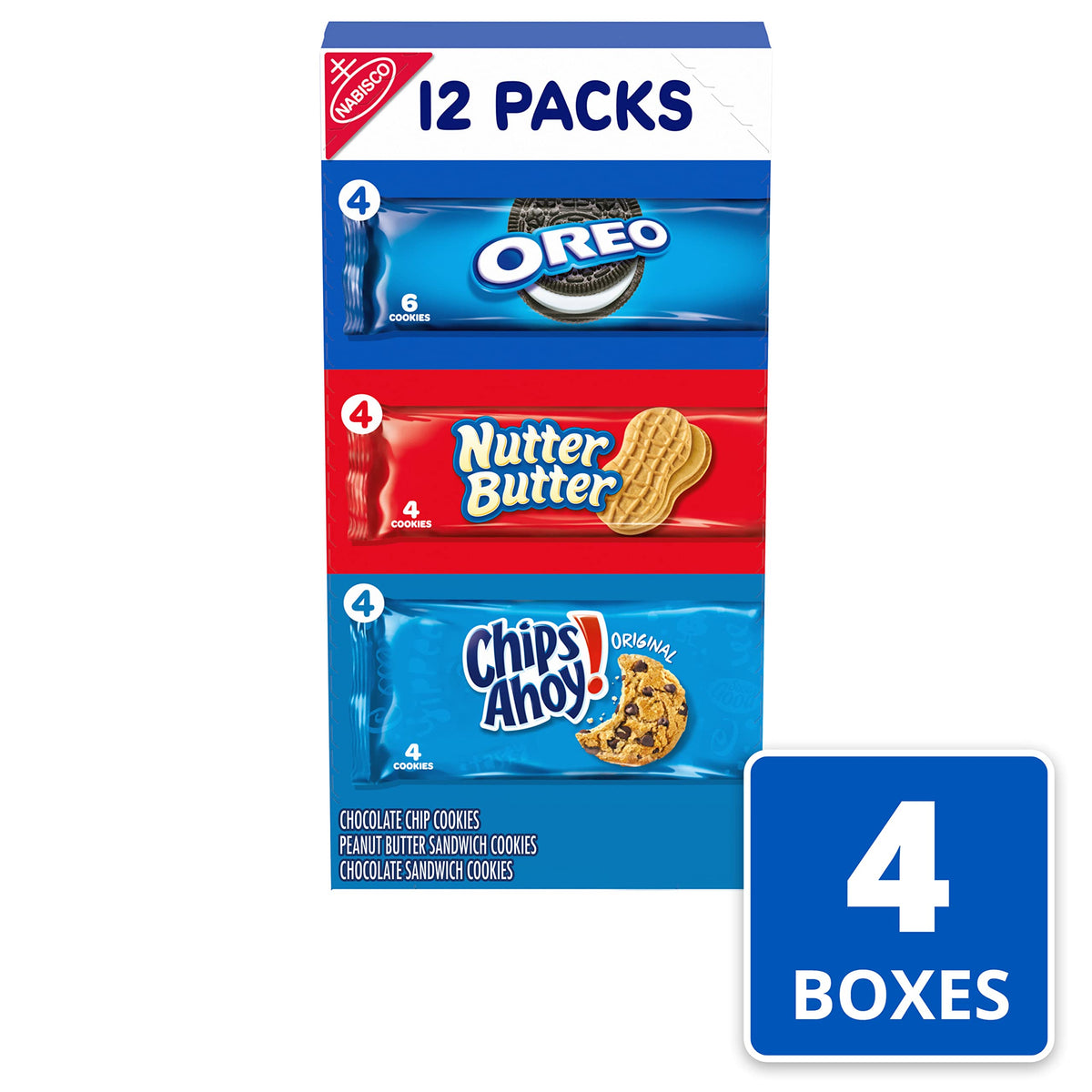 Nabisco Cookies Variety Pack, OREO, Nutter Butter, CHIPS AHOY!, 48 Snack Packs (4 Cookies Per Pack, 4 Boxes)