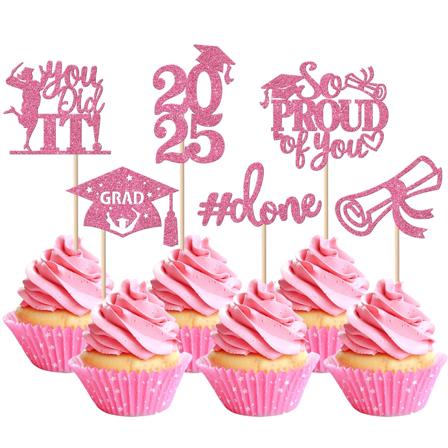 24 Pack 2025 Graduation Cupcake Toppers Glitter So Proud Of You Done Diploma Grad Cap Cupcake Picks You Did It Cake Decorations For 2025 Graduation Theme Party Decorations Supplies Pink