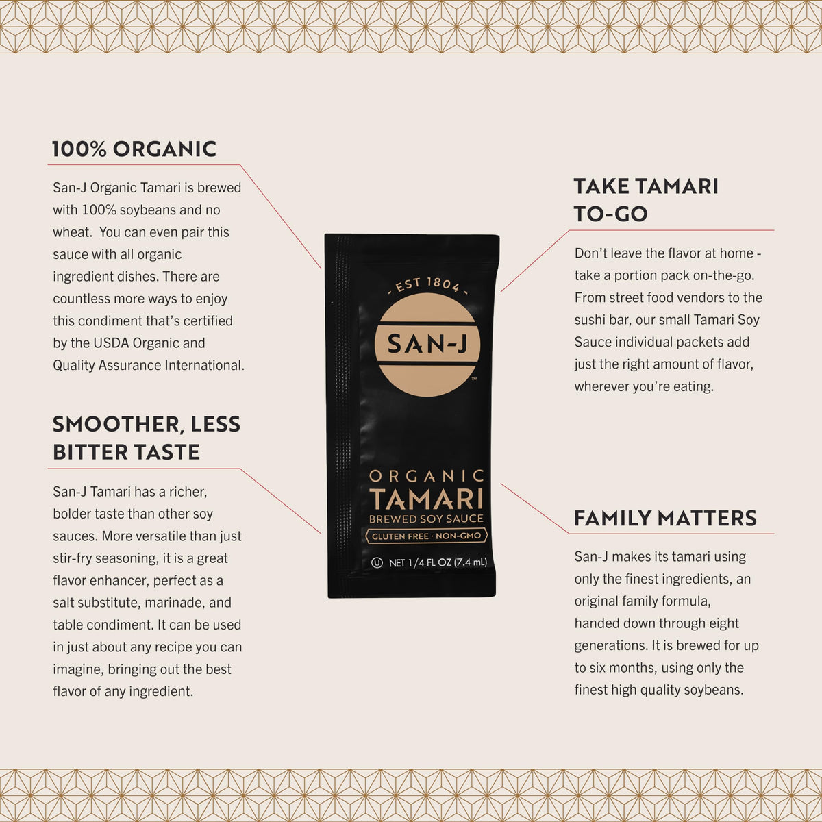 San-J - Organic Gluten Free Tamari Soy Sauce - Made With 100% Whole Soy - Specially Brewed - 1/4 Oz. Individual Portioned Packets - 50 Pack