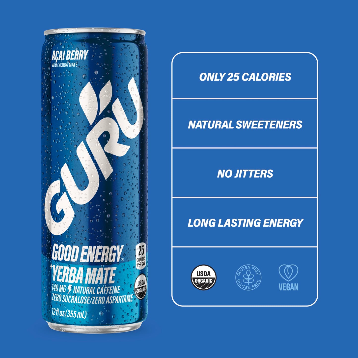 GURU Organic Yerba Mate Energy Drink, Low Calorie, 140mg Caffeine, Acai Berry, 12oz (Pack of 12), Natural