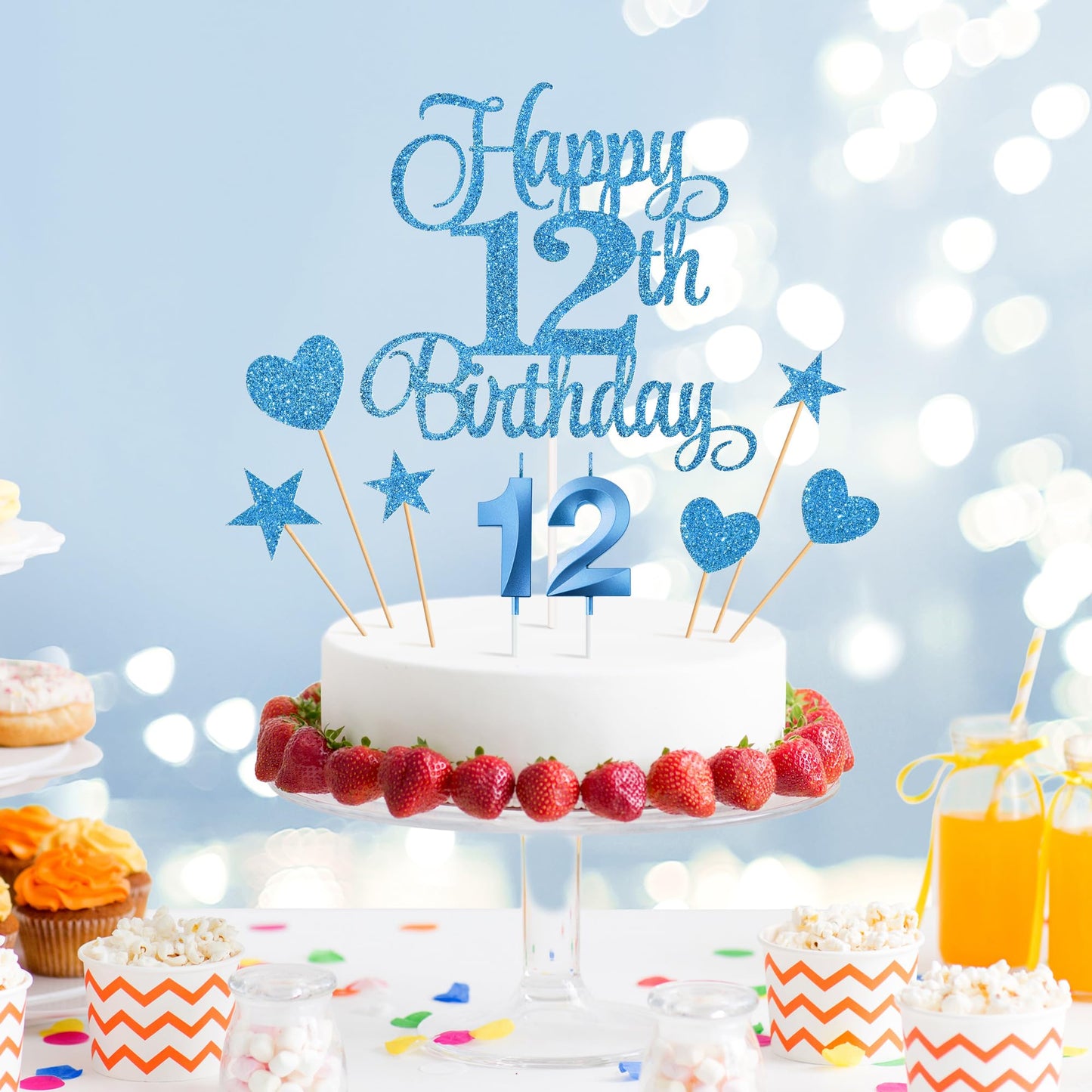 Lecferrarc 12th Birthday Cake Decorations Set, Blue Glitter Happy 12th Birthday Candles and Toppers