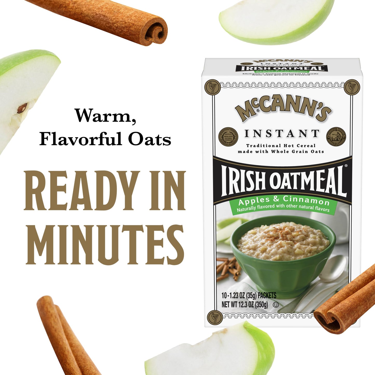 McCanns Instant Irish Oatmeal, Apples & Cinnamon, 10 Packets