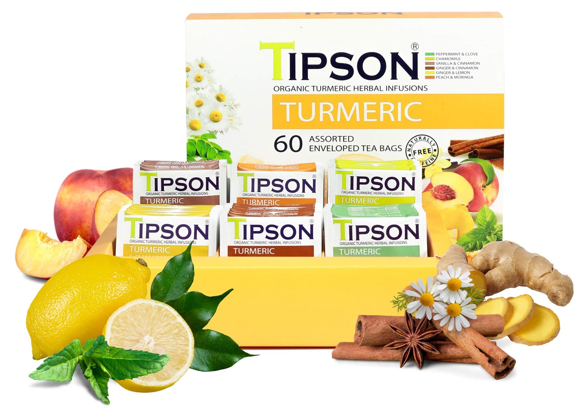 Tipson Organic Turmeric Herbal Tea - Caffeine Free, Non-GMO, Gluten Free - 60 Foil Enveloped Double Chambered Bags