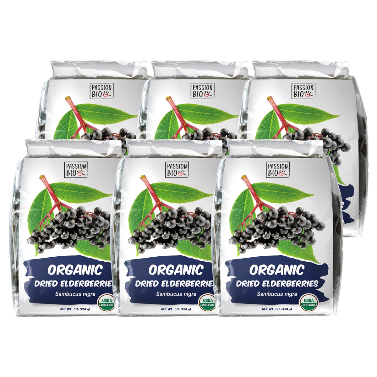 Dried Elderberries Organic 1 lb Bulk Bag (6-Pack) - USDA Certified, Non-GMO Sambucus Nigra, Whole Dried Elderberry - Natural, No