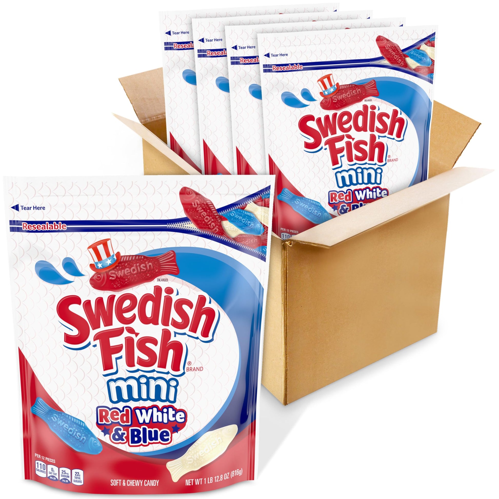 SWEDISH FISH Mini Red, White & Blue Soft & Chewy Candy, Bulk Candy, 4 - 1.8 lb Bags