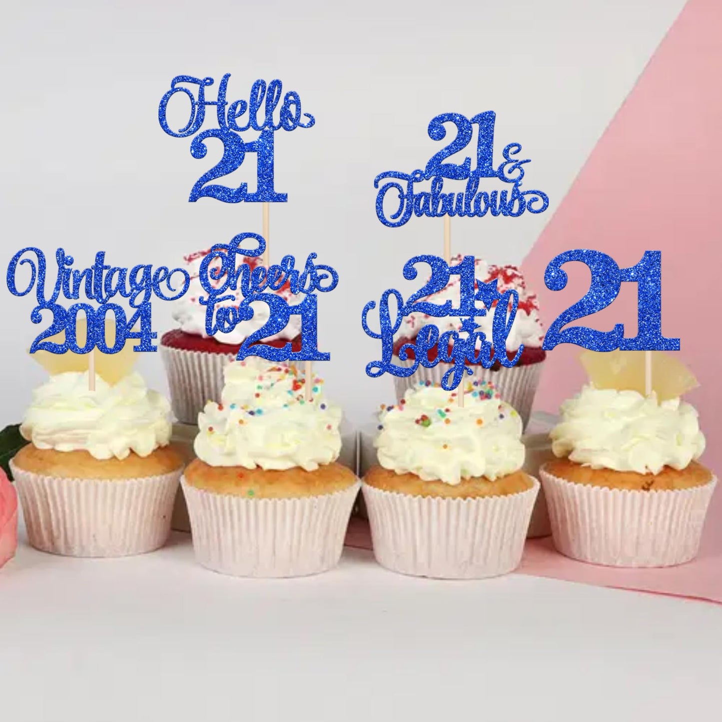 Rssta i 24 Pack Cupcake Toppers Glitter Blue - Twenty One Cheers to 21 Years Cake Decorations for 21st Birthday Party Supplies