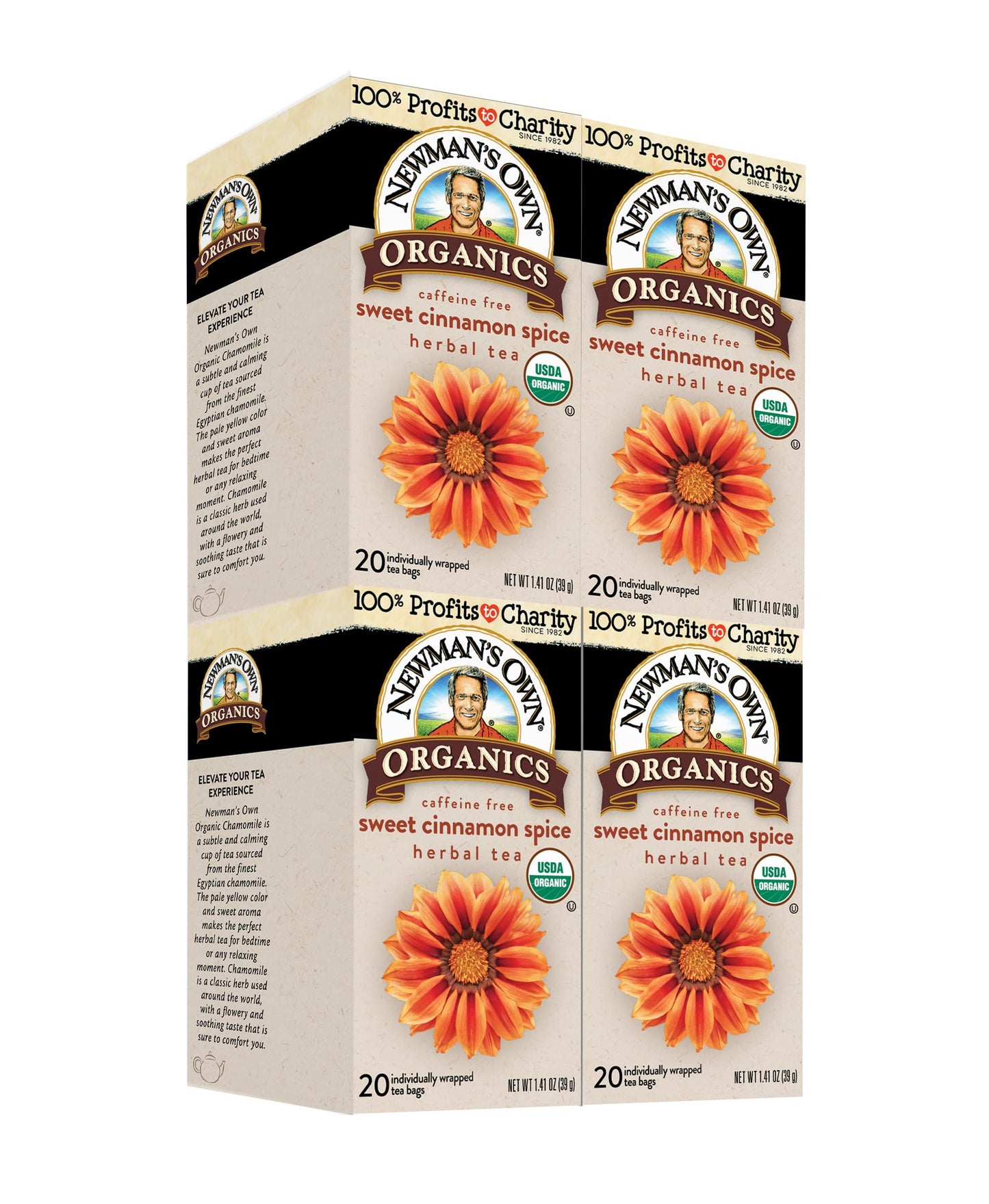 Newmans Own Organic Sweet Cinnamon Spice Herbal Tea - Caffeine-Free Rooibos with Organic Ginger - 20 Individually Wrapped Bags - 4 Count