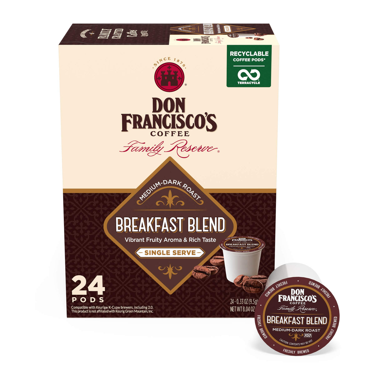 Don Francisco'S Breakfast Blend Medium-Dark Roast Coffee Pods - 24 Count - Recyclable Single-Serve Coffee Pods, Compatible With