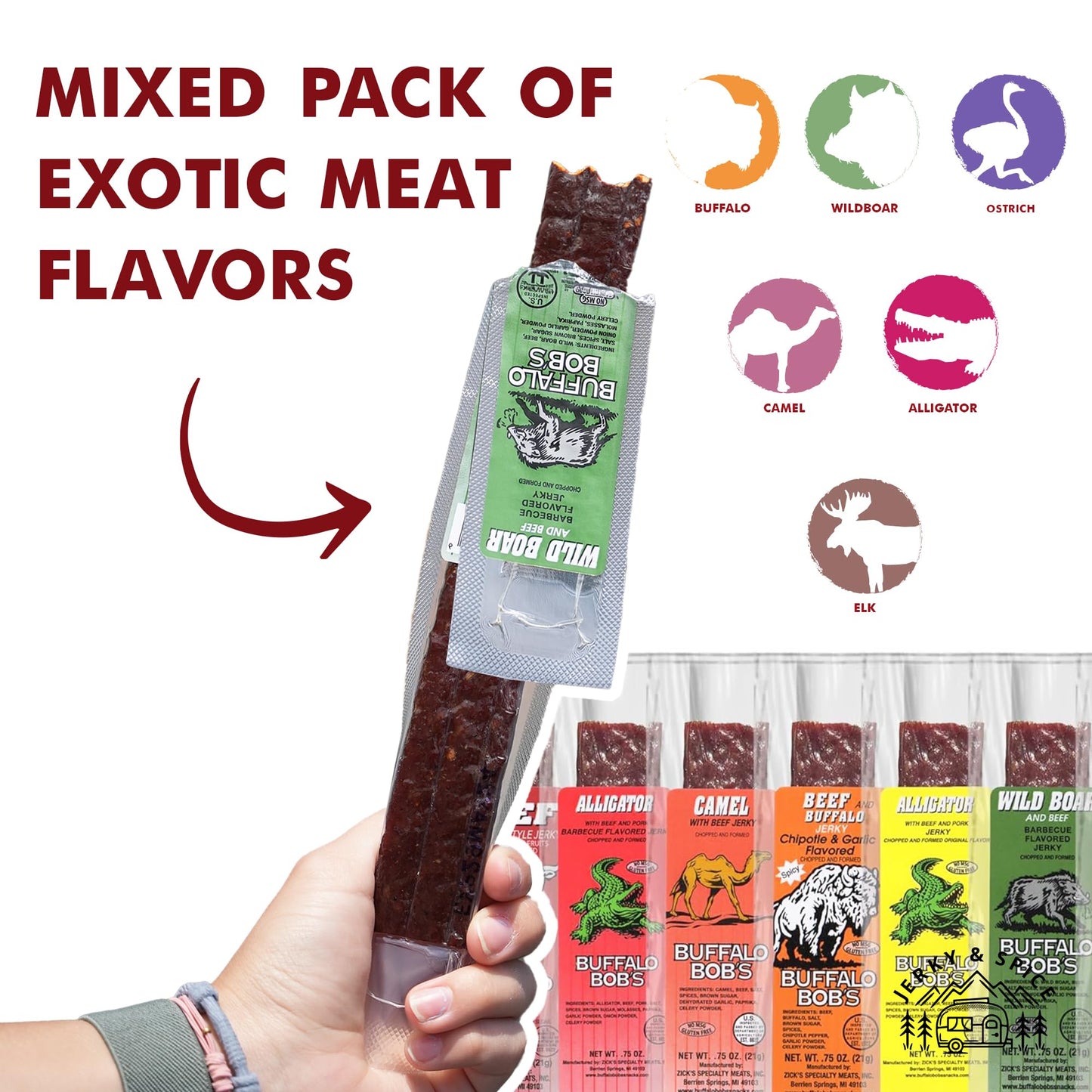Buffalo Bob'S Wild Game Meat Snacks (24 Pack), Ultimate Exotic Jerky Gift Box For Men, Beef Jerky Variety Pack Gift, Multiple Wi