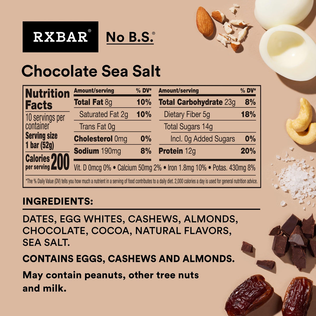 RXBAR Protein Bars, Protein Snack, Snack Bars, Chocolate Sea Salt, 18.3oz Box (10 Count)
