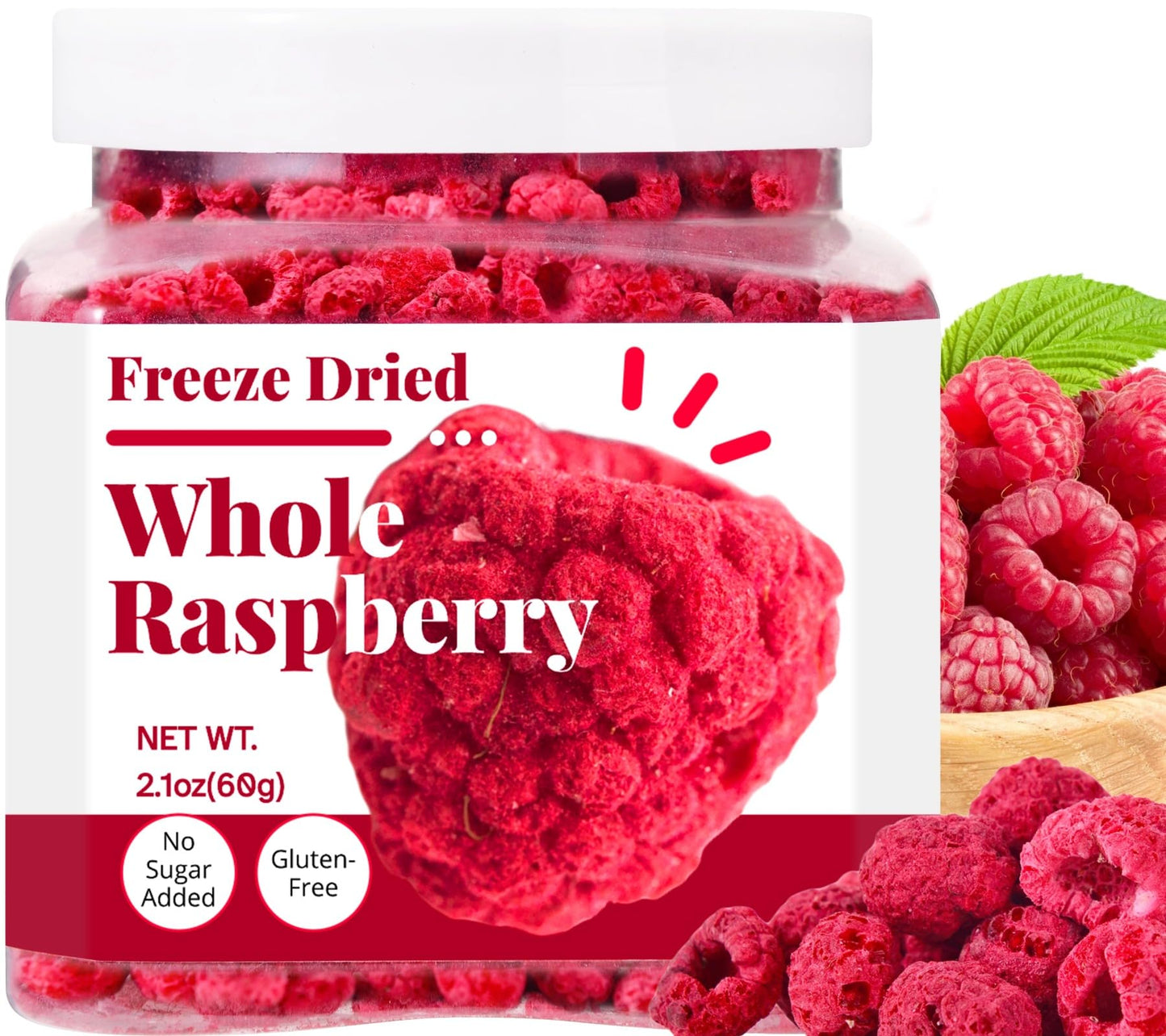 Freeze Dried Whole Raspberries - No Sugar Added, Pure Crunchy 2.1oz (60g) Whole Berries in Resealable Jar, Tart & Crisp Fruit Sn