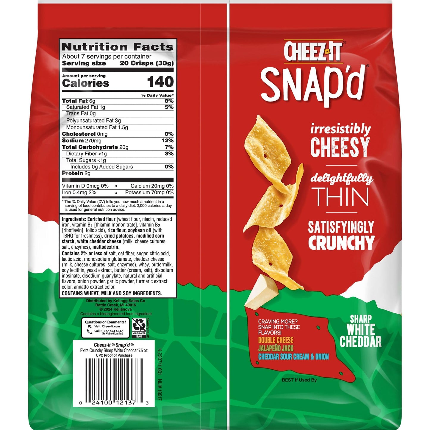 Cheez-It Snap d Cheese Cracker Chips, Thin Crisps, Extra Crunchy, Sharp White Cheddar (6 Bags)