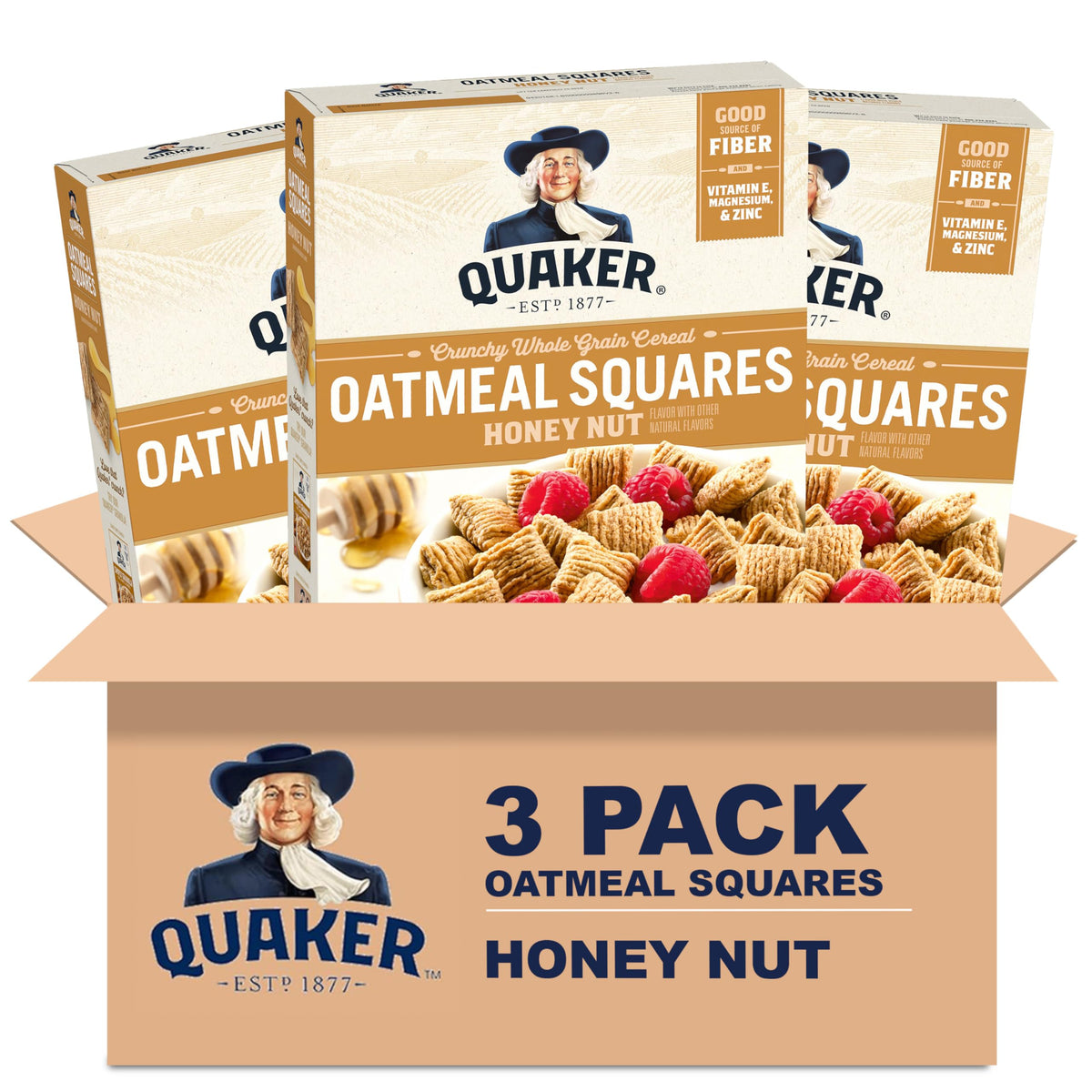 Quaker Oatmeal Squares Crunchy Whole Grain Breakfast Cereal, Honey Nut, 14.5 Oz Boxes (Pack of 3)