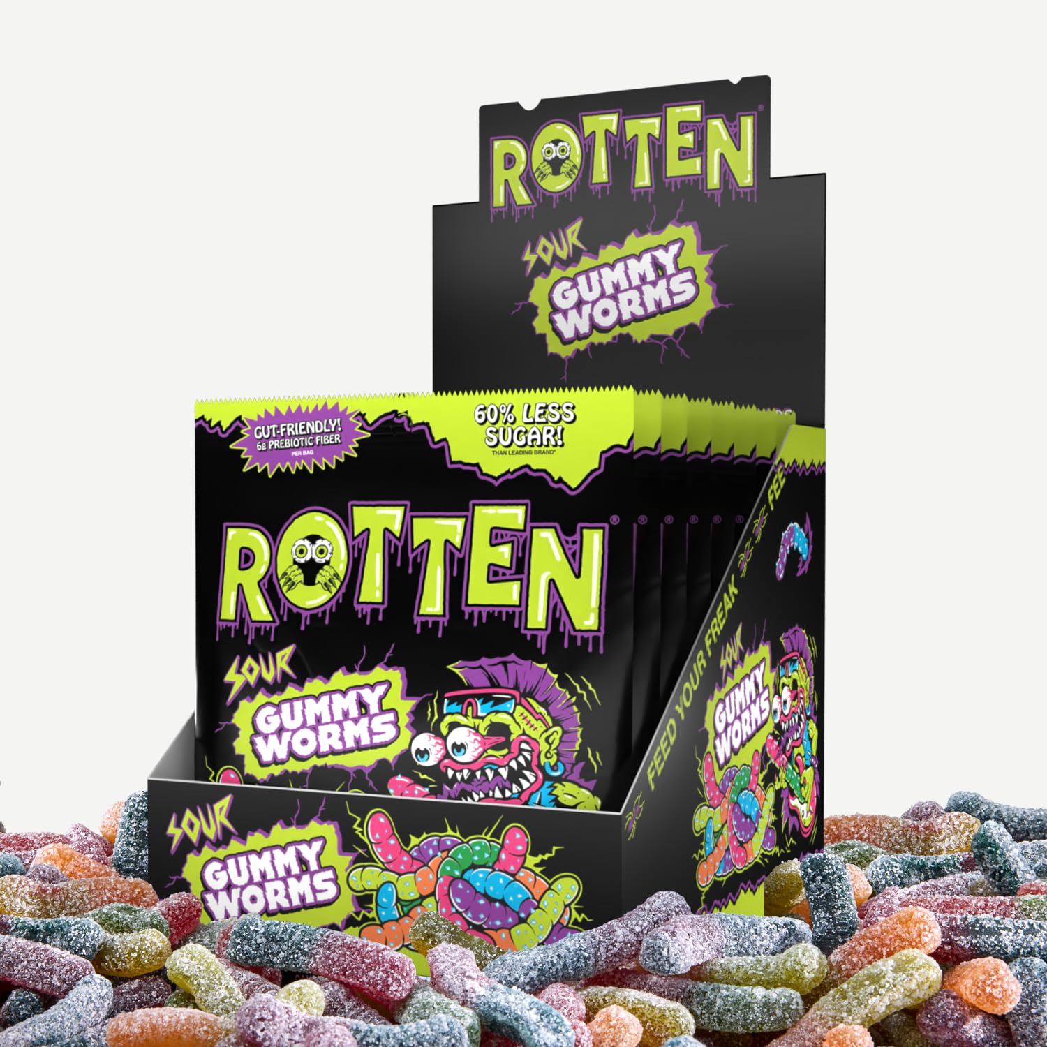 Rotten Sour Gummy Worms - Low Sugar, Low Calorie, 7g Gut-Friendly Prebiotic Fiber and 3g Protein, Gluten Free Candy - 1.8 oz - 8
