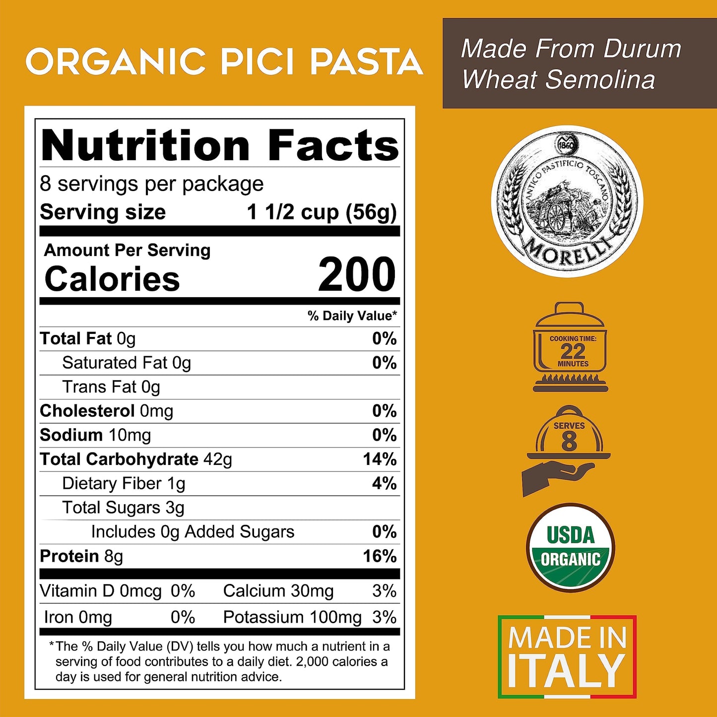 MORELLI Gourmet Organic Pici Pasta - Thick Noodles - 17.6oz (500g) - Italian Pici Pasta