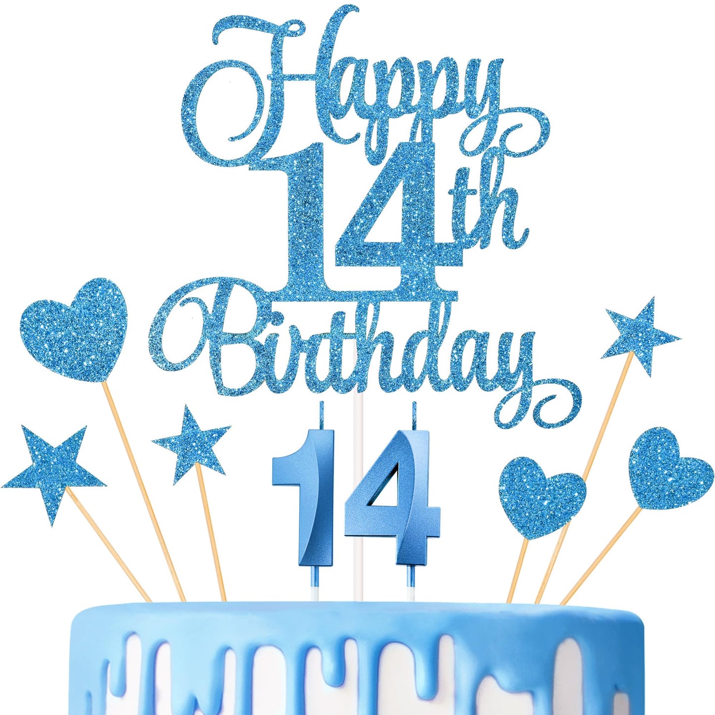 Lecferrarc 14th Birthday Cake Decorations Set, Glitter Happy 14th Cake Toppers and Candles, Blue, Paper