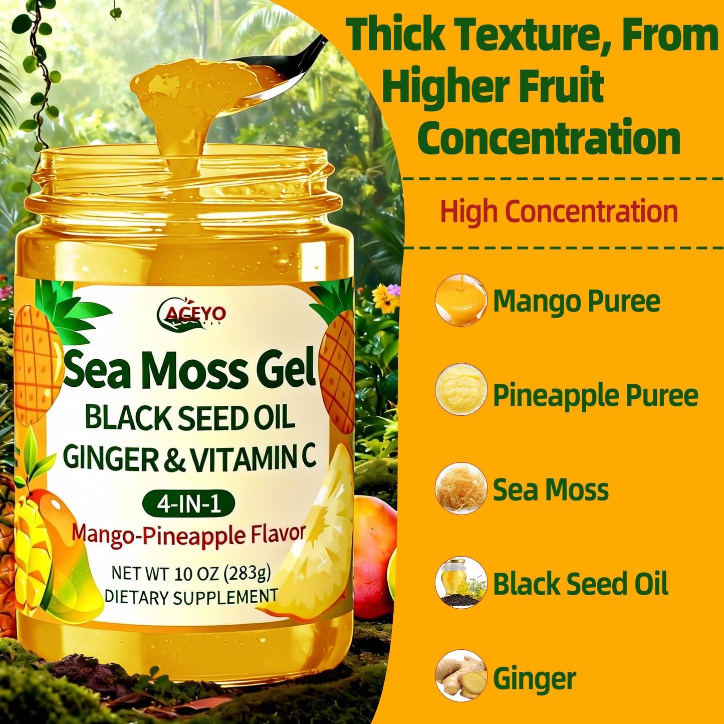 ACEYO Sea Moss Gel 4-in-1  Irish SeaMoss with Black Seed Oil & Ginger Rich in Minerals & Vitamins Immunity & Health Support Non-GMO  Vegan Mango Pineapple Flavor 10 oz (Pack of 1)