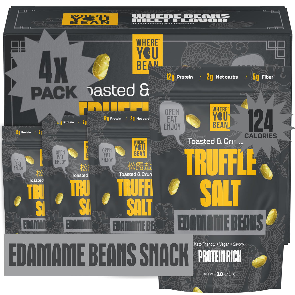 Where You Bean Edamame Beans Snack (Truffle Salt) - Crunchy and Dry Roasted Edamame Beans - High Protein Snacks, Keto and Vegan 