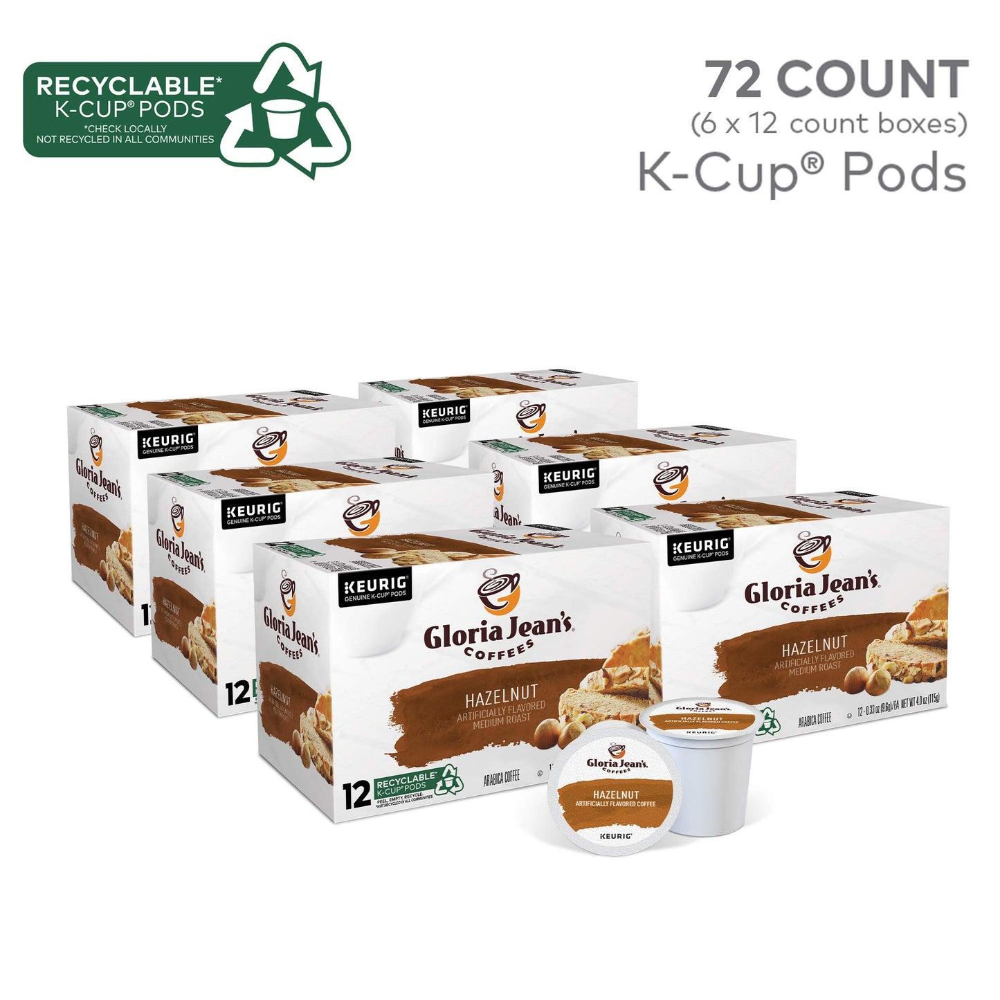 Gloria Jeans Coffees Hazelnut Flavored Medium Roast K-Cup Pods, 72 Count