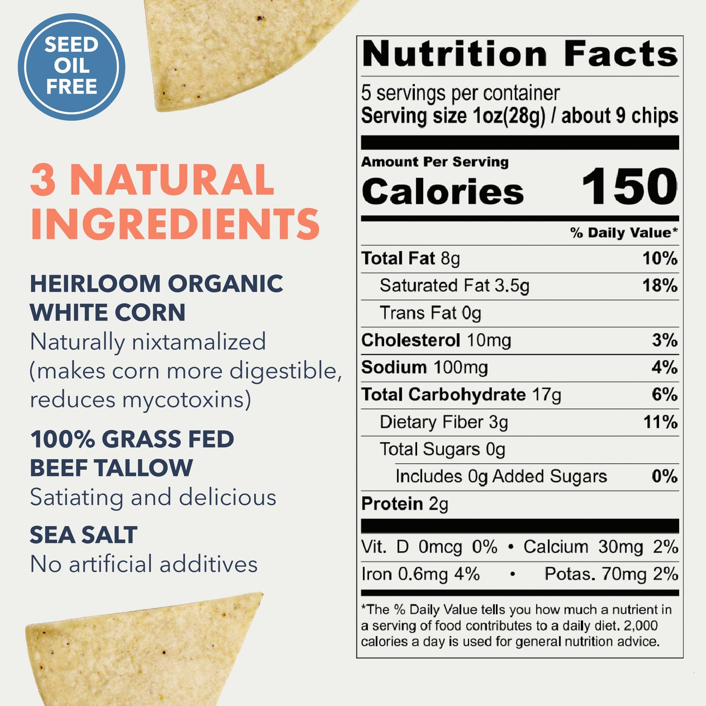 MASA Tortilla Chips Snack Pack - Seed Oil Free Snacks  Organic Chips Tortilla - Gluten & Dairy Free  Naturally Grown Corn Chip - Made with Grass Fed Tallow & Sea Salt (6 Pack  5oz Each - White Corn)