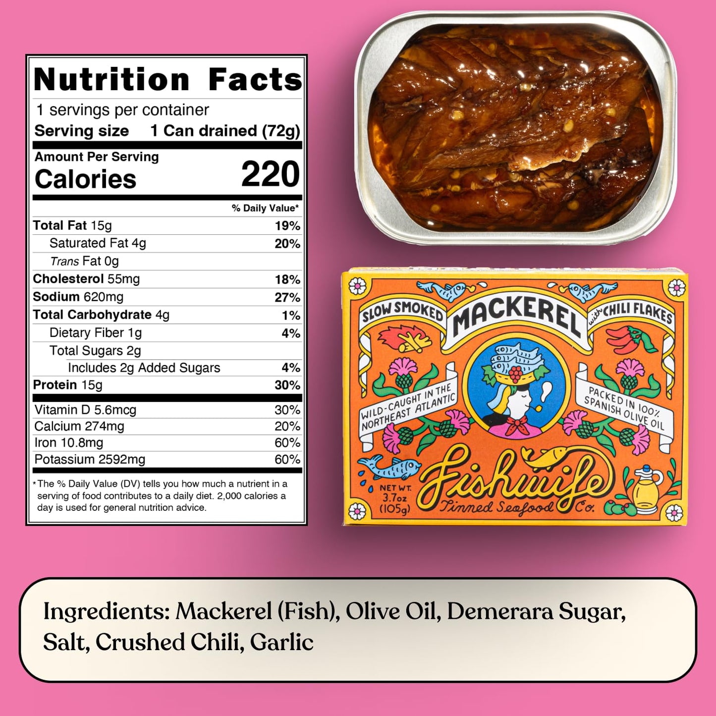 Fishwife Slow Smoked Mackerel 3-Pack - Wild-Caught, Gluten Free, 3.7 Ounce