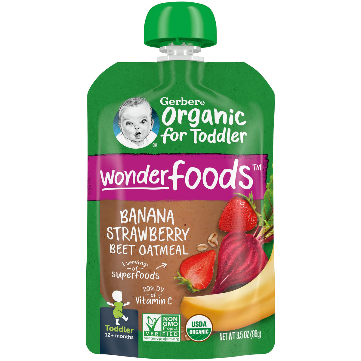Gerber Organic Baby Food Wonderfoods Banana Strawberry Beet & Oatmeal, 3.5 Oz Pouch
