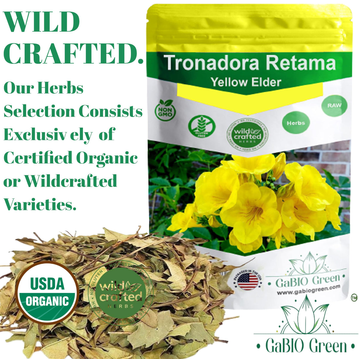 Gabio Green-Tronadora Retama, 4 Oz/114 Gr Pound Gr Premium Quality Tronadora Tea, Resealeble Bag, Yellow Elder Herbs, Tronadora