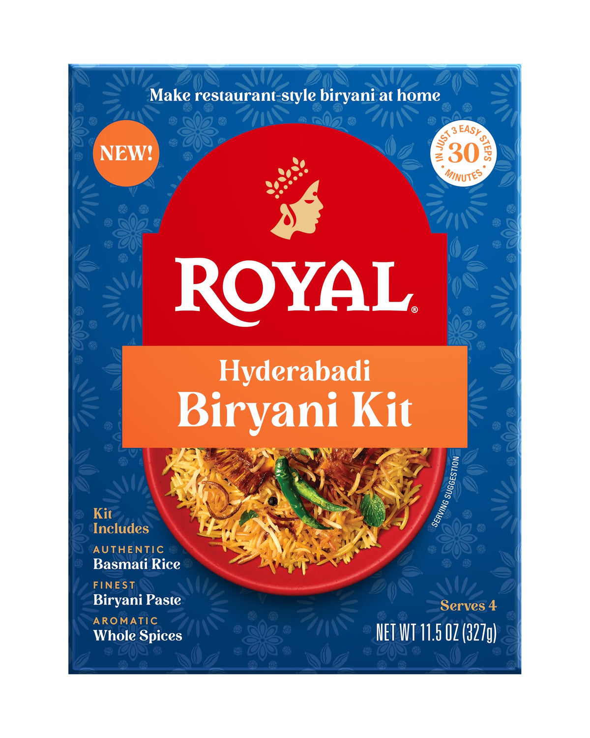 Royal Hyderabadi Biryani Kit - Authentic White Basmati Rice, Biryani Paste, and Whole Spices - 11.5 oz Box