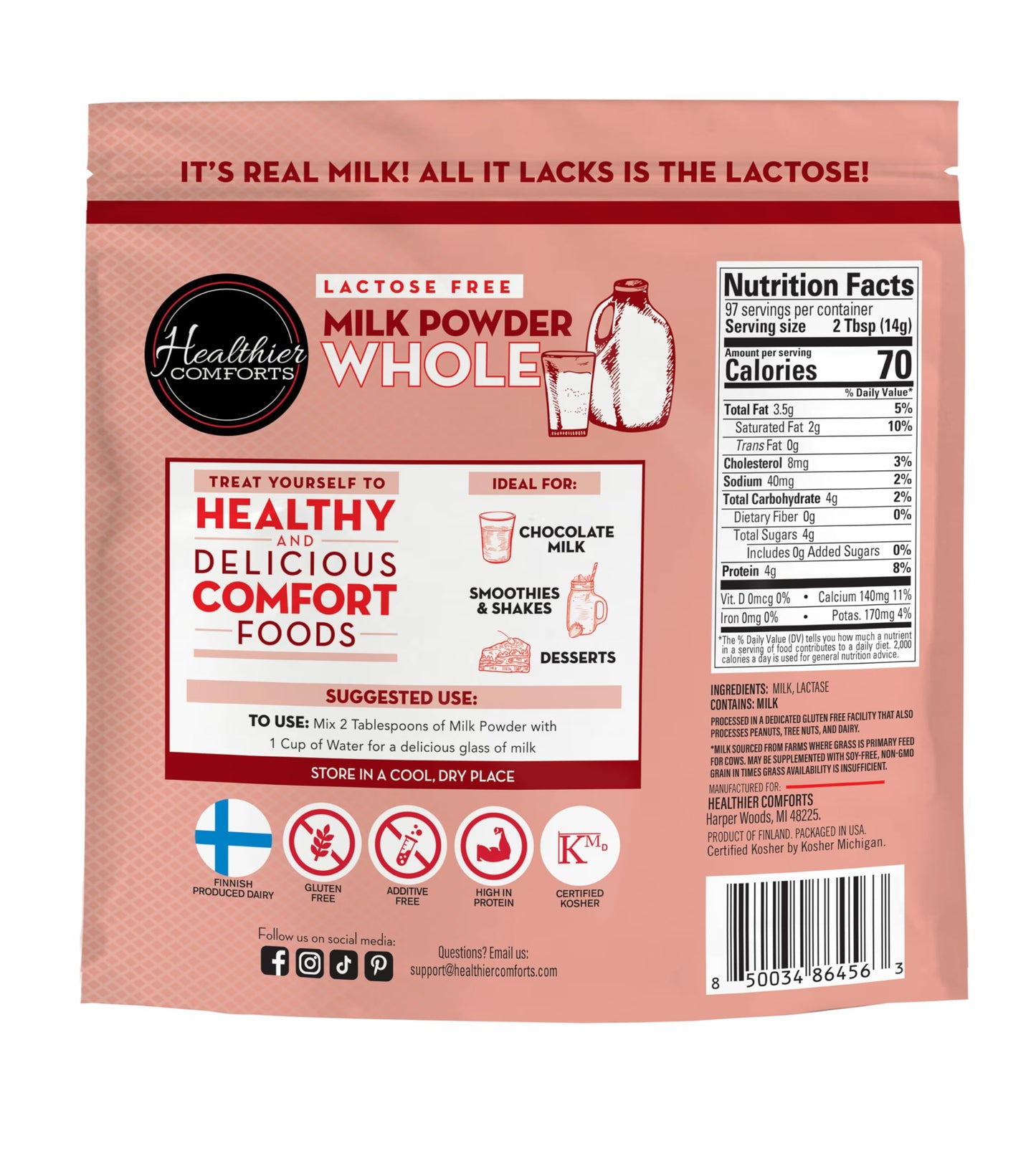 Healthier Comforts Lactose Free Whole Milk Powder, Non-GMO, Gluten Free, 48 oz, Ideal for Baking and Coffee Creamer
