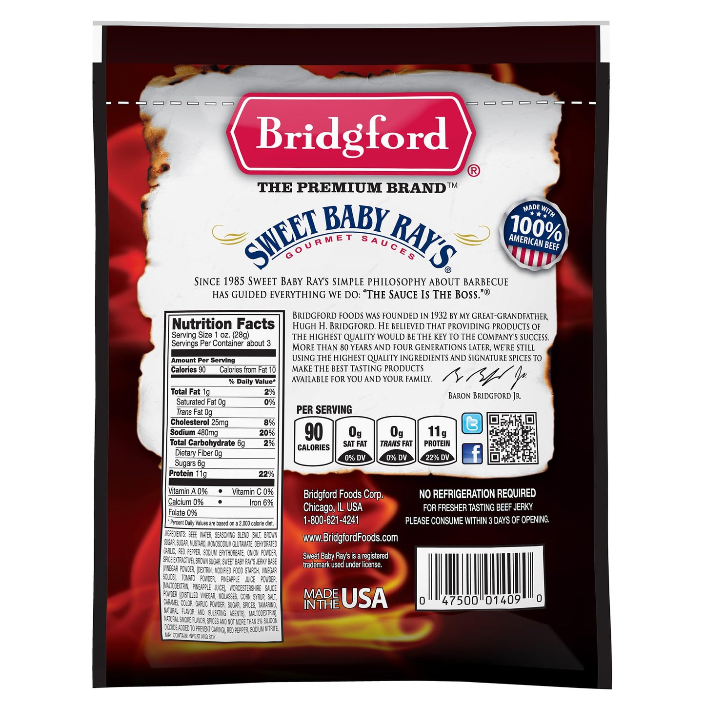 Bridgford Sweet Baby Rays Beef Jerky Sweet N Spicy 3.25 Oz Pack Of 4 - High Protein Sweetened Spicy Beef Jerky For Your Dietary