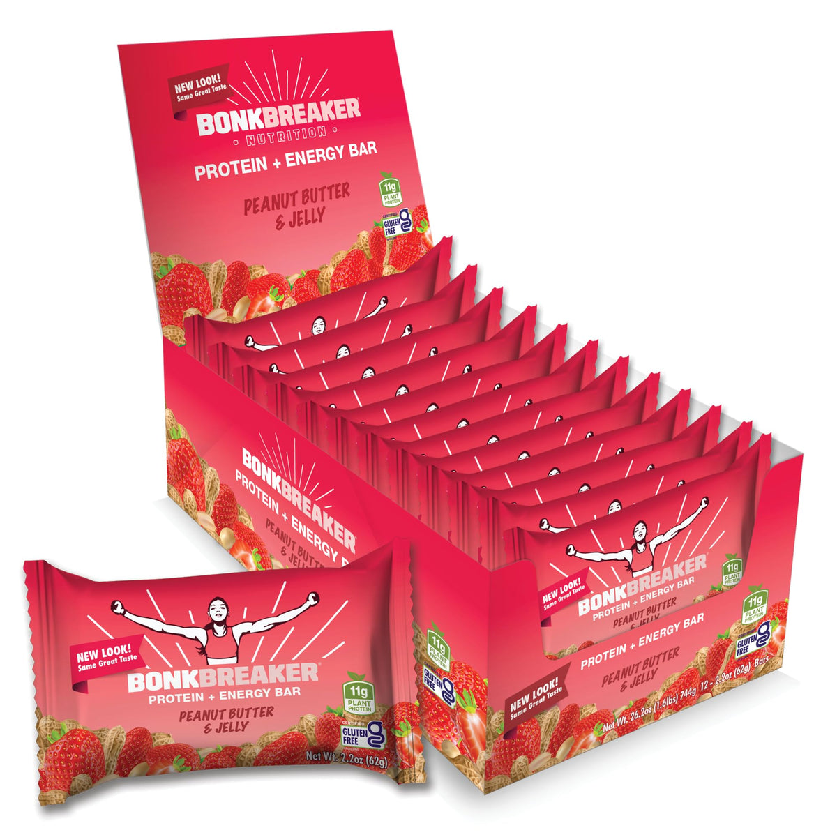 Bonk Breaker Plant Based Protein Bars, Gluten Free, Dairy Free, 13g Protein, Peanut Butter and Jelly Flavor, 62g Bar (12 Pack)