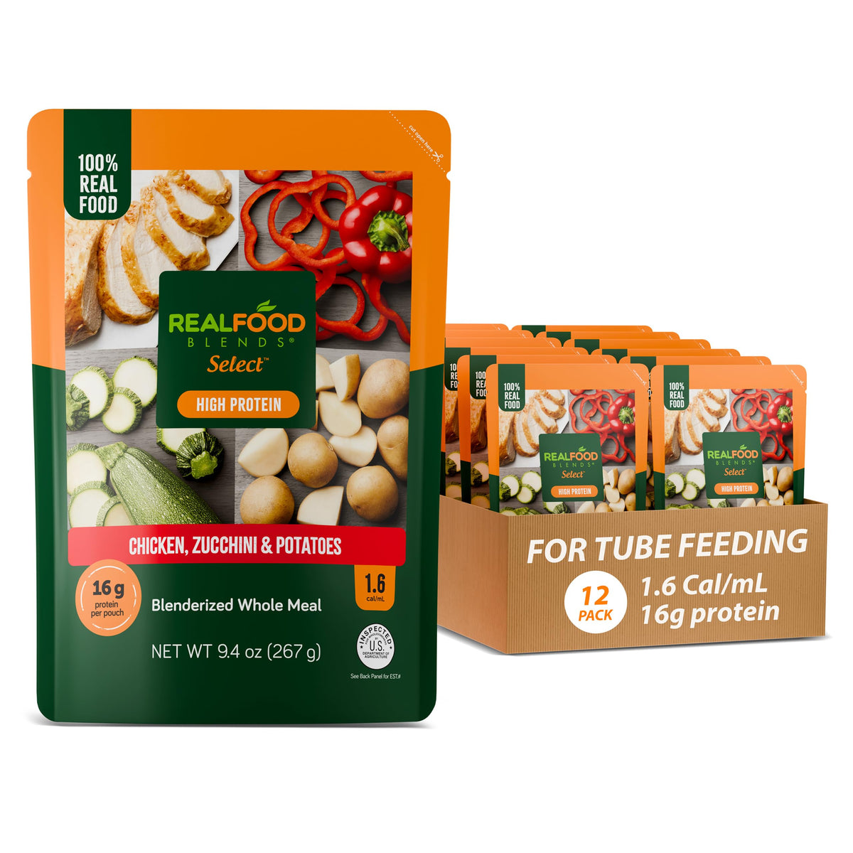 Real Food Blends Select Chicken, Zucchini & Potatoes - Pureed Food Meal for Feeding Tubes, 9.4 oz Pouch (Pack of 12 Pouches)