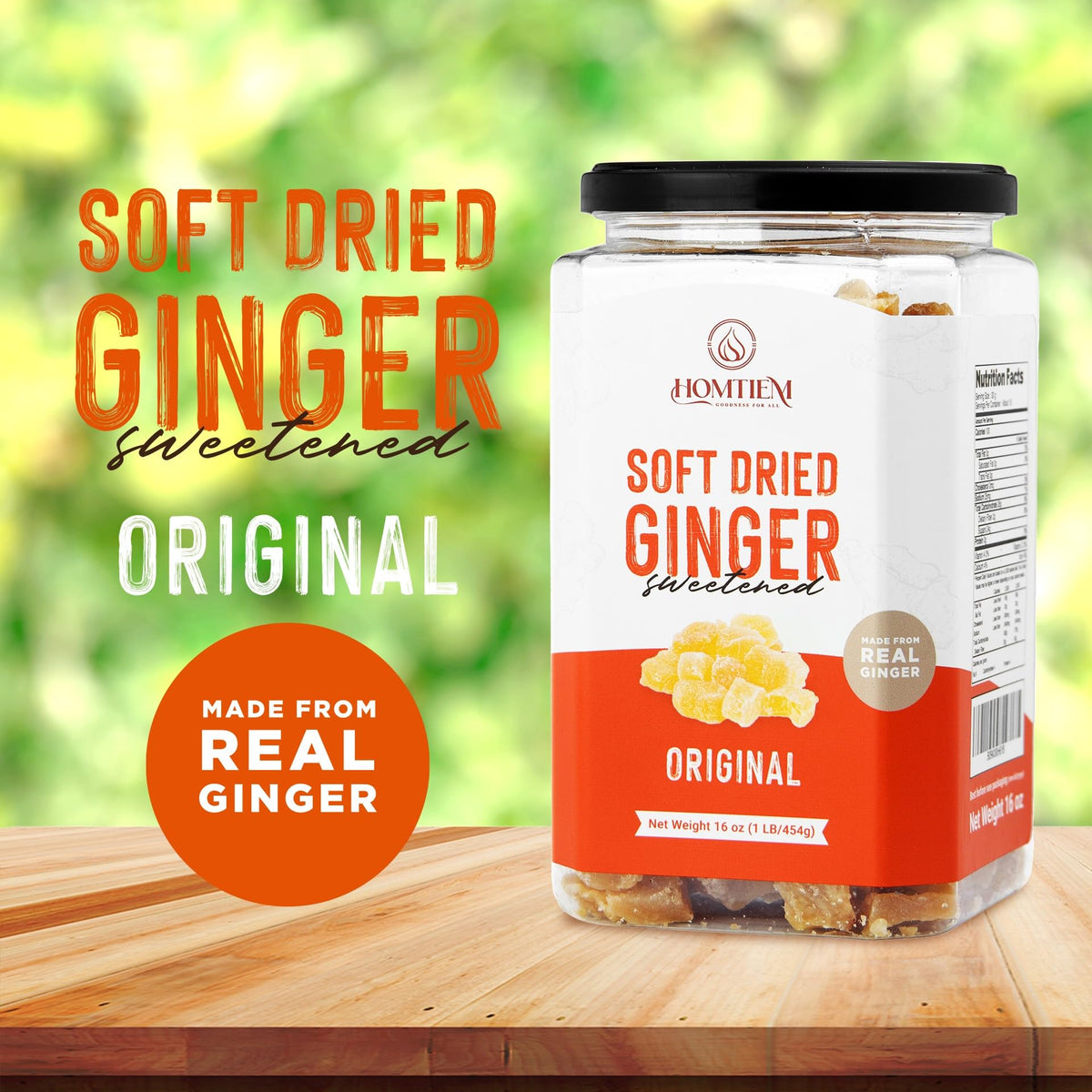 Homtiem Dried Crystallized Ginger(16 Ounce)Soft, Chews and Candied Delicious Gingers, No Artificial Colors, Easy to eat, keep an