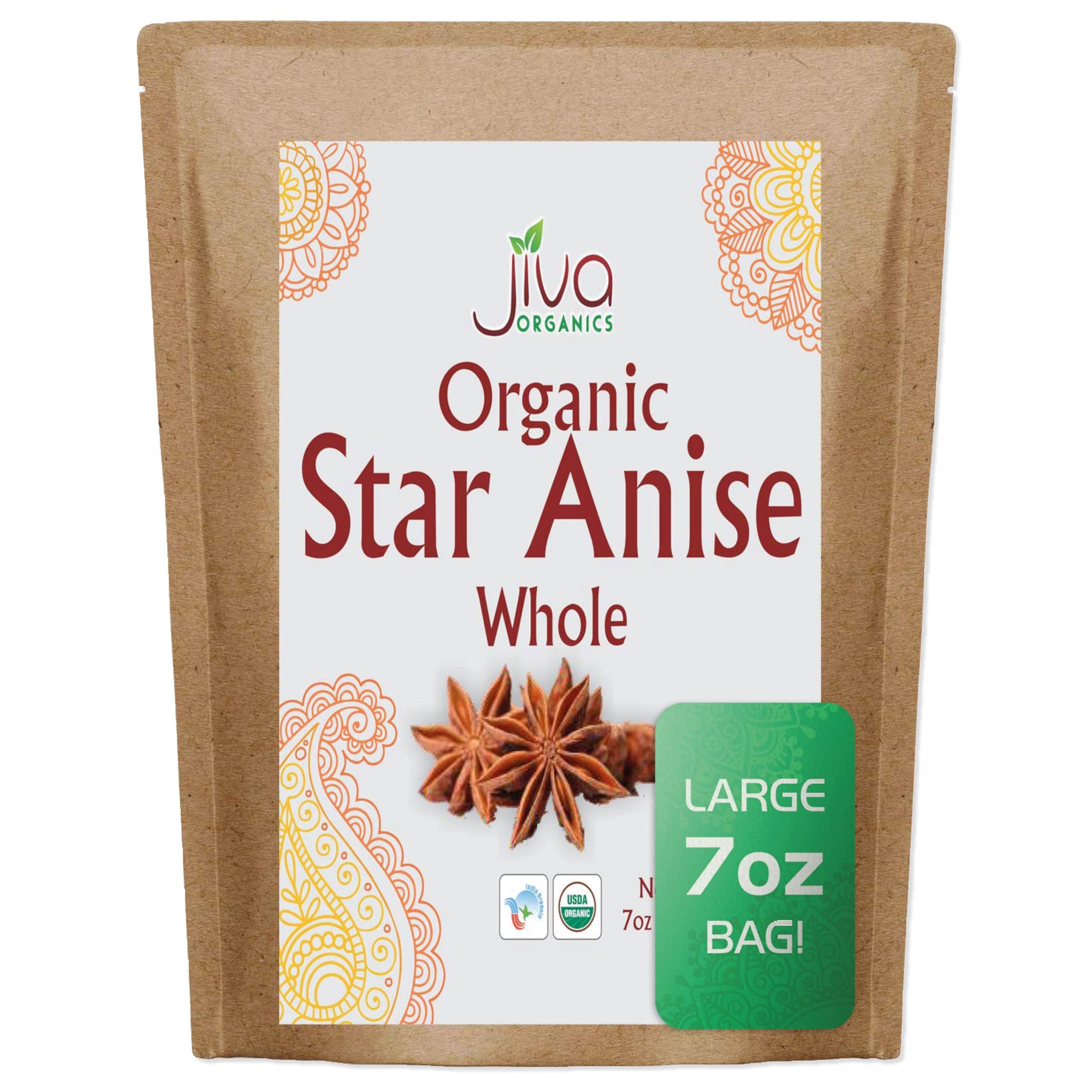 Jiva Organic Whole Star Anise 7 Oz Jumbo Bag - Non-GMO, Non Irradiated, Pure Spice from India, Staranise