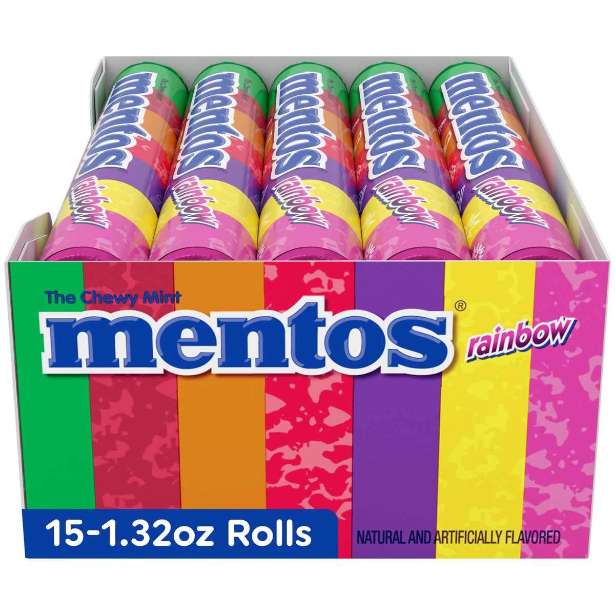 Mentos Chewy Mint Candy Roll, Rainbow, Non Melting, Party, 14 Pieces (Bulk Pack Of 15)