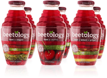 Beetology Organic Beet Juice 8.45oz Variety Pack, 2 bottles each of: Beet + Veggie, Beet + Lemon Ginger, Beet + Cherry (6 Pack)